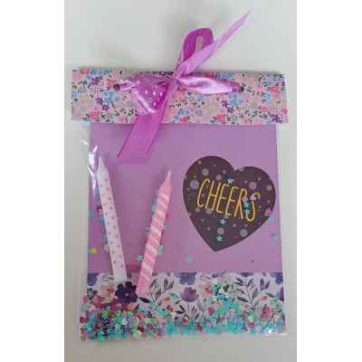 Verjaardagszakje lila, met confetti + kaarsjes 