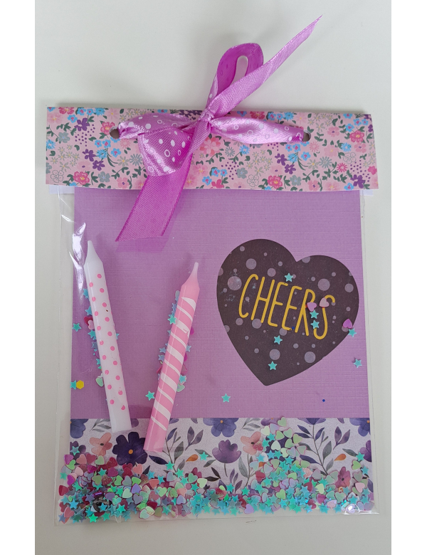 Verjaardagszakje lila, met confetti + kaarsjes 