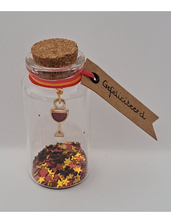 Wensflesje, wijnglas rood, 'Gefeliciteerd'