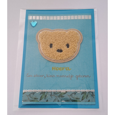 Wenskaart blauw, fluffy grote beer / geboorte jongen