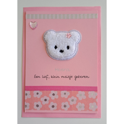 Wenskaart roze, fluffy ijsbeer / geboorte meisje