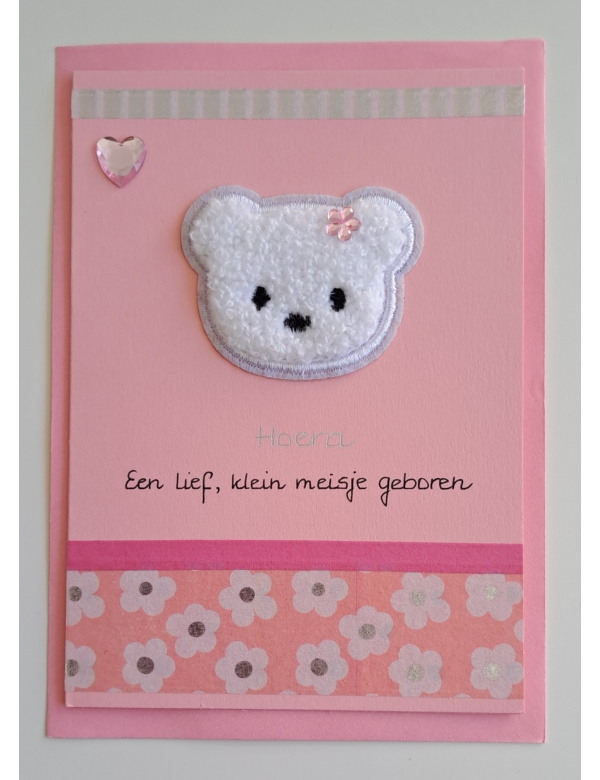 Wenskaart roze, fluffy ijsbeer / geboorte meisje