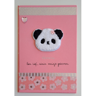 Wenskaart roze , fluffy panda / geboorte meisje