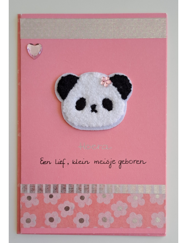 Wenskaart roze , fluffy panda / geboorte meisje