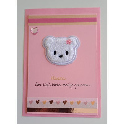 Wenskaart roze, fluffy ijsbeer, geboorte meisje 