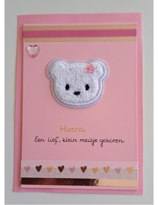 Wenskaart roze, fluffy ijsbeer, geboorte meisje 