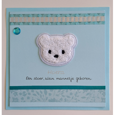 Wenskaart blauw, vierkant, fluffy ijsbeer, geboorte jongen