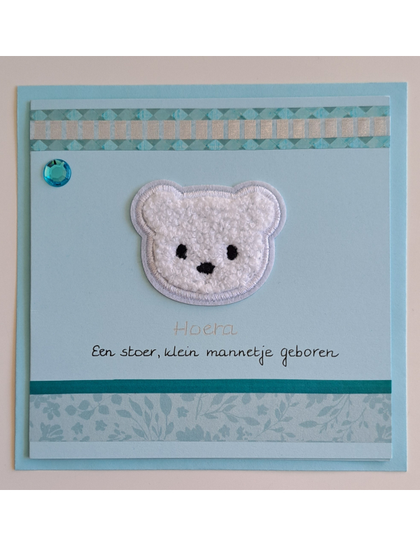 Wenskaart blauw, vierkant, fluffy ijsbeer, geboorte jongen