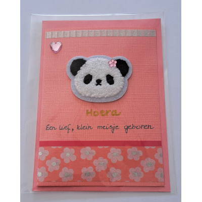 Wenskaart zalmroze,  fluffy panda / geboorte meisje