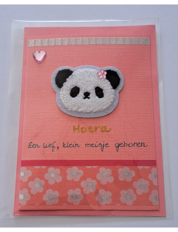 Wenskaart zalmroze,  fluffy panda / geboorte meisje