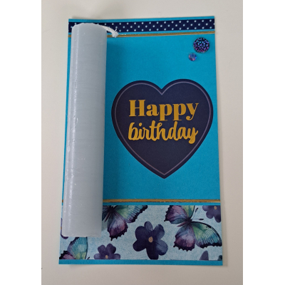 Wenskaartje + kaarsje blauw / HAPPY BIRTHDAY